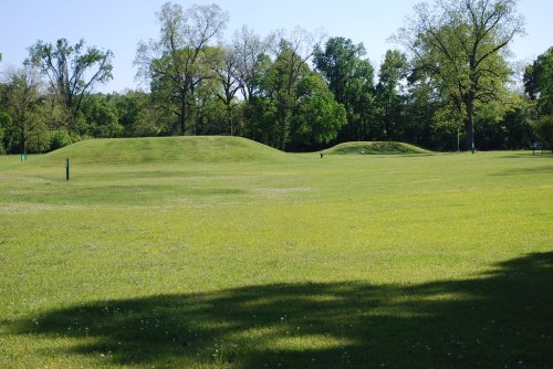 Two grassy mounds in a park surrounded by trees under a clear blue sky.