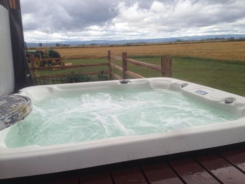 A hot tub with bubbling water, set against a backdrop of cloudy skies and a grassy field.