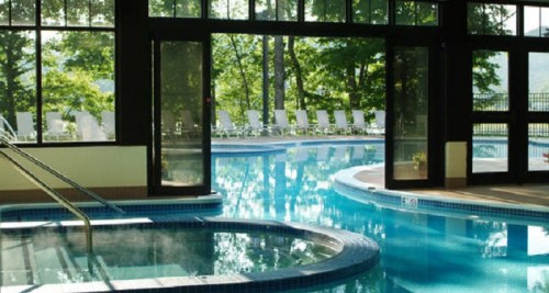 Indoor pool area with a hot tub, large windows, and a view of green trees outside. Sunlight reflects on the water.