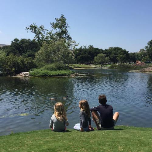 Three children sit by a serene pond, watching ducks swim under a clear blue sky.