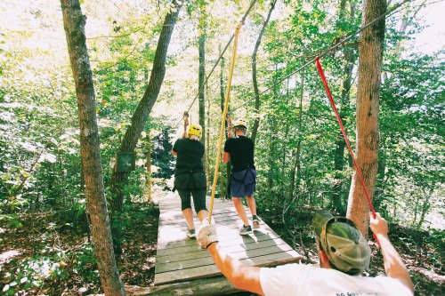Two people ziplining through a forest, with a guide holding the harnesses on a wooden platform. Bright sunlight filters through trees.