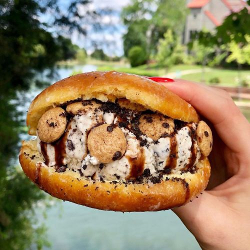 A hand holding a dessert sandwich filled with ice cream, cookie pieces, and chocolate sauce against a scenic background.