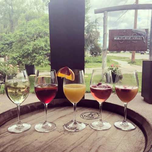 A variety of colorful cocktails in glasses arranged on a wooden barrel, with greenery and a sign in the background.