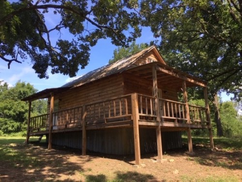 A rustic wooden cabin with a porch, surrounded by trees and grass under a clear blue sky.