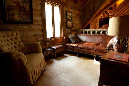 Cozy cabin interior featuring a leather sofa, armchair, wooden walls, and warm lighting.