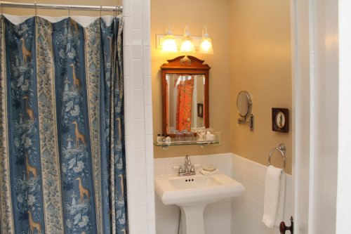A bathroom featuring a shower curtain with a giraffe pattern, a sink, and a mirror with warm lighting.