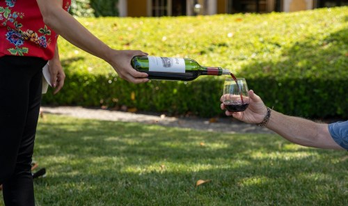 A person pours red wine from a bottle into a glass held by another person, set in a lush green outdoor area.