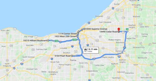 Map showing driving directions from multiple locations in Cleveland, Ohio, to 14490 Cedar Road, with estimated travel time.