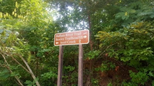 Trail sign indicating directions to Buffalo River Trail, Boxley Trailhead, and Steel Creek, surrounded by greenery.