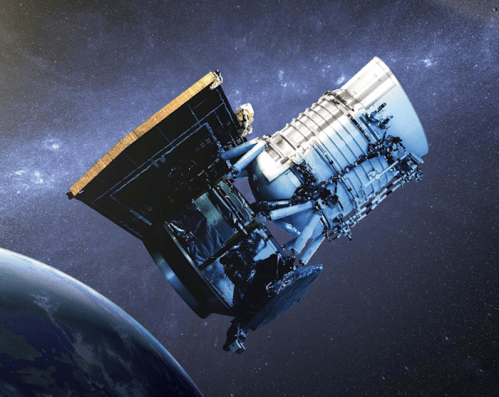 A spacecraft in orbit around Earth, with a starry background and detailed scientific instruments visible.