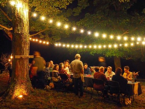 A nighttime outdoor gathering with people seated at a long table, illuminated by string lights hanging from trees.