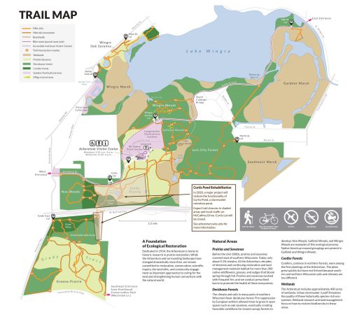 Trail map of a natural area featuring various trails, parks, and ecological restoration zones around Lake Wiegra.