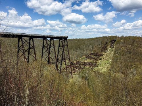 An old, rusted bridge spans a valley, surrounded by trees and under a cloudy sky.