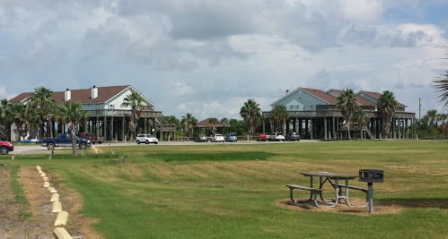 Two elevated houses on stilts surrounded by palm trees, with a grassy area and picnic table in the foreground.