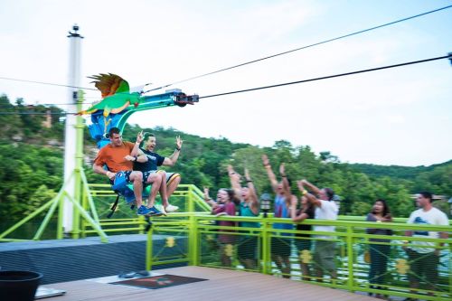 Two men ziplining with excitement, while a cheering crowd watches from below in a scenic outdoor setting.