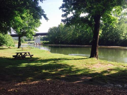 A serene river scene with green trees, a picnic table, and a bridge in the background under a clear blue sky.