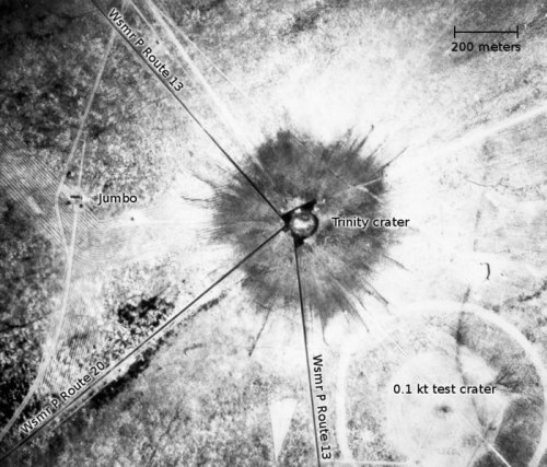 Aerial view of Trinity Crater with labeled routes and nearby craters, showing a circular impact site.
