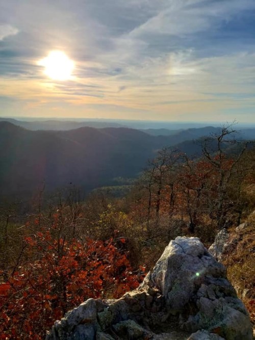 A scenic view of mountains and valleys at sunset, with autumn foliage in the foreground and a bright sun in the sky.