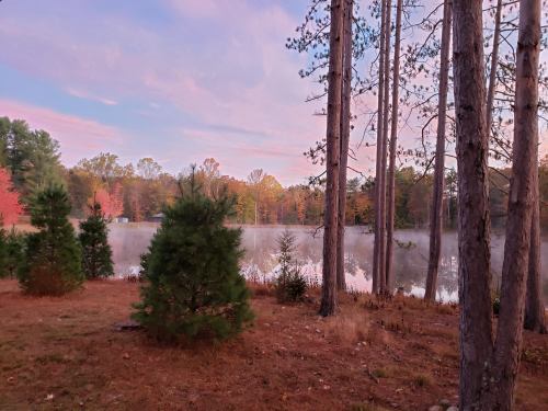 A serene lake surrounded by trees, with mist rising in the early morning light and colorful autumn foliage.