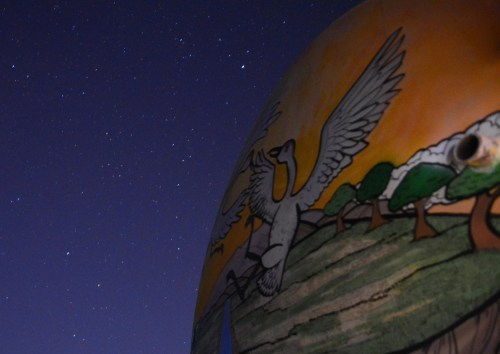 A colorful mural of a bird on a dome, set against a starry night sky.