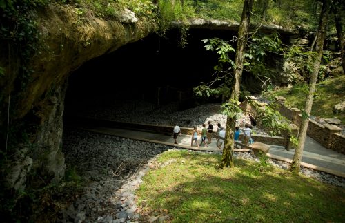 A group of people walks along a path near a large cave entrance surrounded by trees and rocky terrain.