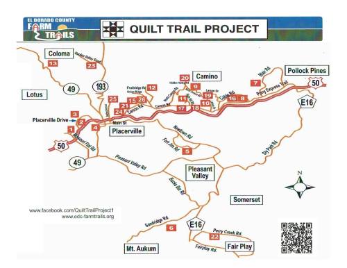Map of the El Dorado County Quilt Trail Project, highlighting various locations and trails in the area.