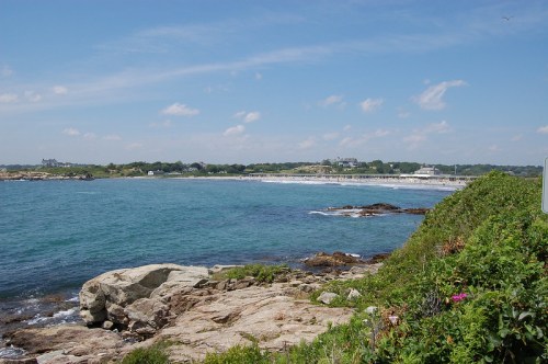 Coastal view with rocky shoreline, clear blue water, and a sunny sky dotted with clouds. Green vegetation in the foreground.