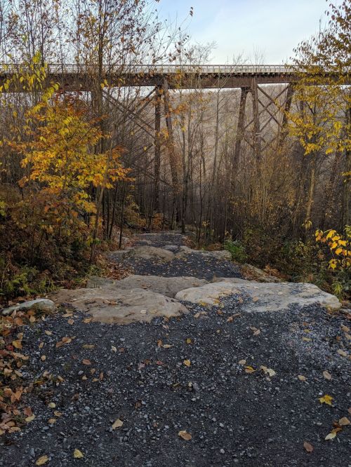 A rocky path leads through autumn foliage towards a wooden bridge above, surrounded by trees.