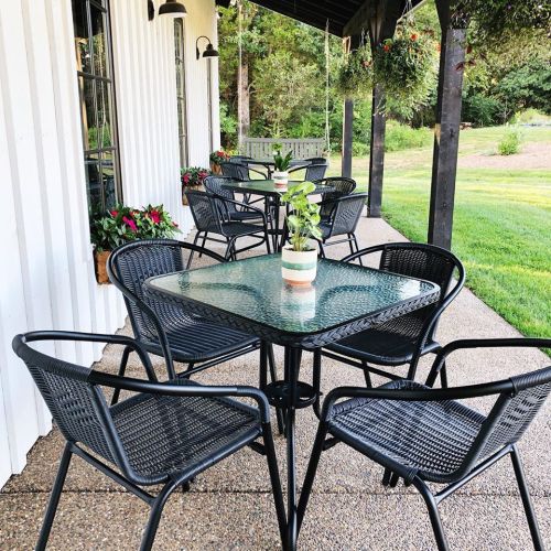 A patio with a glass table surrounded by black chairs, set in a green garden with flowers and trees in the background.