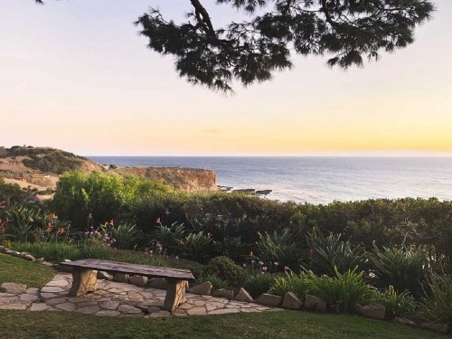 A serene coastal view at sunset, featuring a stone bench and lush greenery overlooking the ocean and cliffs.