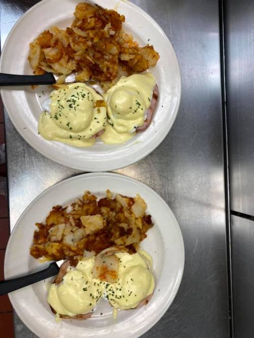 Two plates of eggs Benedict with hollandaise sauce and hash browns, served on a stainless steel countertop.
