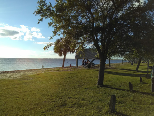A serene beach scene with trees, a grassy area, and people enjoying the view by the water under a clear sky.