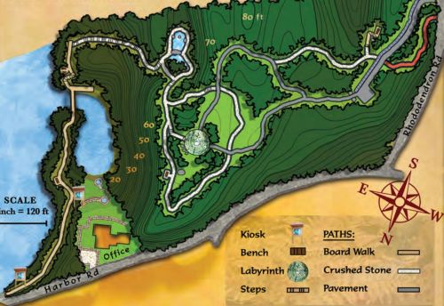 Map of a park featuring paths, a labyrinth, and an office, with elevation contours and a scale indicating distance.