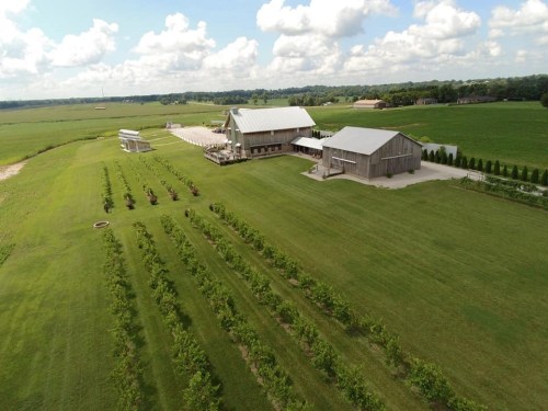 Aerial view of a farm with a large barn, fields, and rows of plants under a partly cloudy sky.