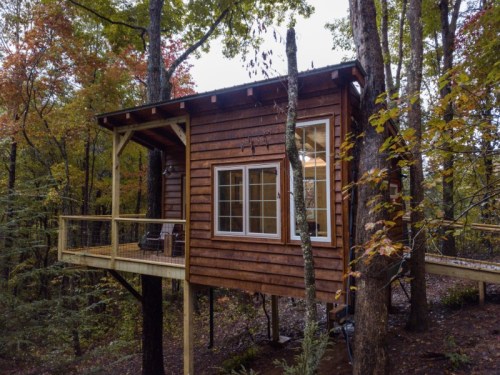 A wooden treehouse nestled among trees, featuring large windows and a small deck. Autumn foliage surrounds it.