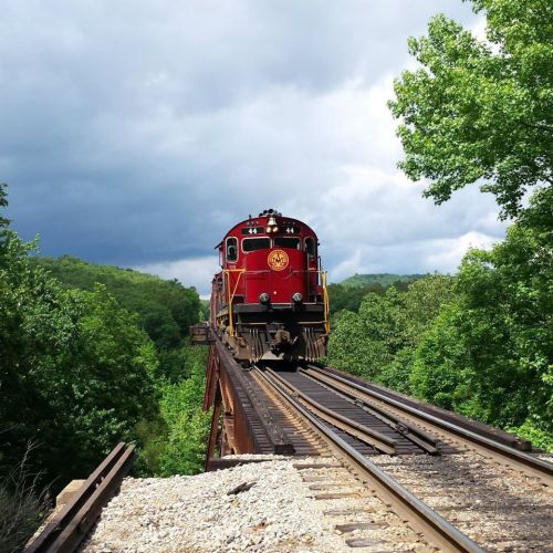 A red train travels along a bridge surrounded by lush green trees under a cloudy sky.