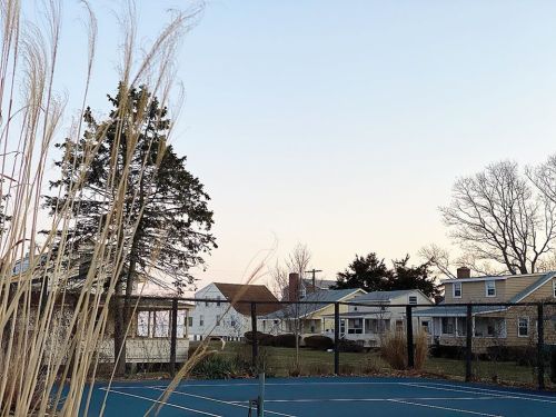 A tennis court in the foreground with tall grass, overlooking houses and trees under a pastel sky at dusk.