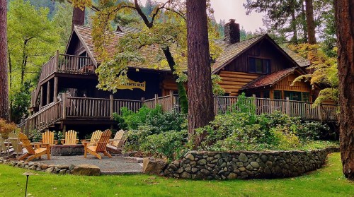A rustic log cabin surrounded by trees, featuring a spacious porch and a fire pit area with Adirondack chairs.
