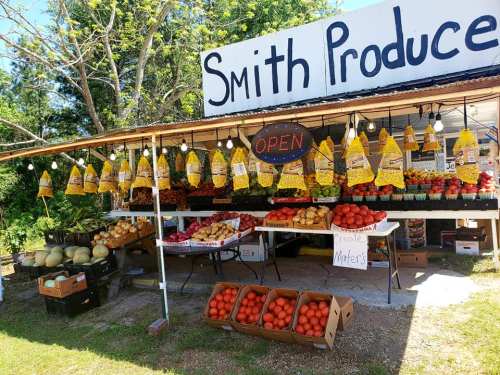 A roadside produce stand with various fruits and vegetables, including tomatoes, melons, and corn, under an "OPEN" sign.