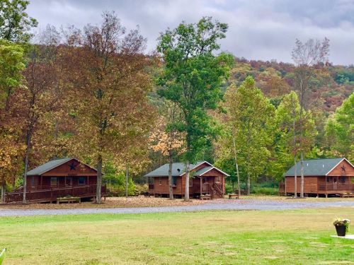 Three wooden cabins surrounded by colorful autumn trees under a cloudy sky. Green grass in the foreground.
