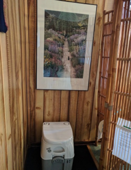 A portable toilet sits on a mat beneath a framed floral landscape photo in a wooden room.