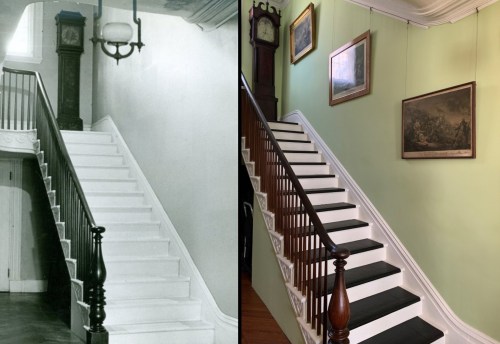 A staircase shown in two styles: a vintage black-and-white photo and a modern color image with green walls.