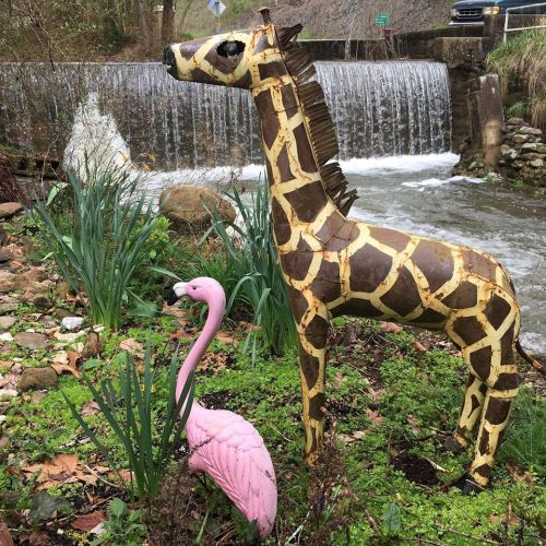 A metal giraffe and a pink flamingo statue beside a small stream with a waterfall in the background.
