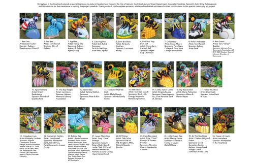 A collage of colorful bee sculptures, each with unique designs, displayed in a community art project in Auburn, Alabama.