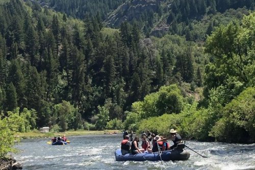 A group of people rafting on a river surrounded by lush green trees and mountains on a sunny day.