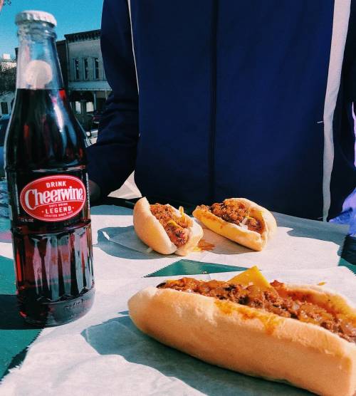 A close-up of two hot dogs topped with chili and cheese, alongside a bottle of Cheerwine soda on a sunny day.