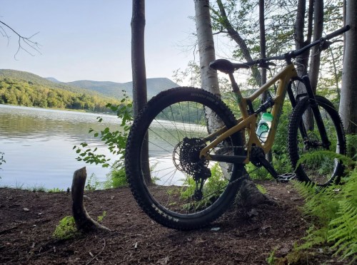A mountain bike rests by a serene lake, surrounded by trees and lush greenery, with mountains in the background.