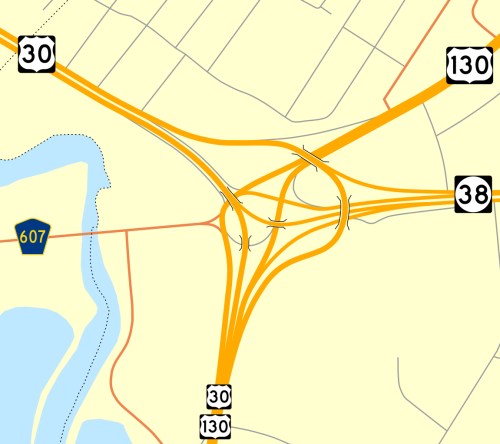 Map showing a highway interchange with routes 30, 38, and 130, along with nearby water and a numbered location.