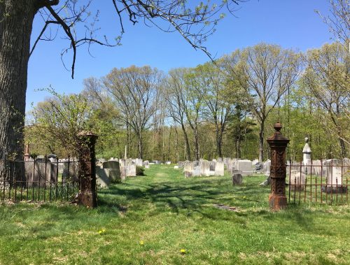 A peaceful cemetery with gravestones surrounded by trees and a wrought iron gate under a clear blue sky.