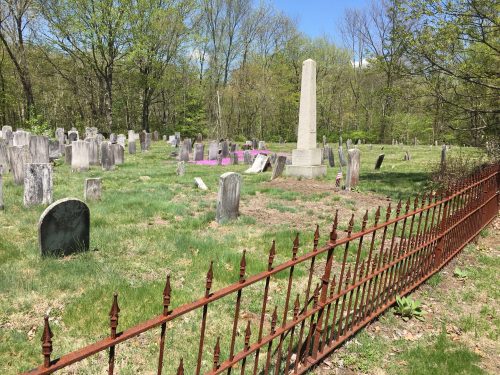 A grassy cemetery with old gravestones, surrounded by a rusty iron fence and trees under a clear blue sky.